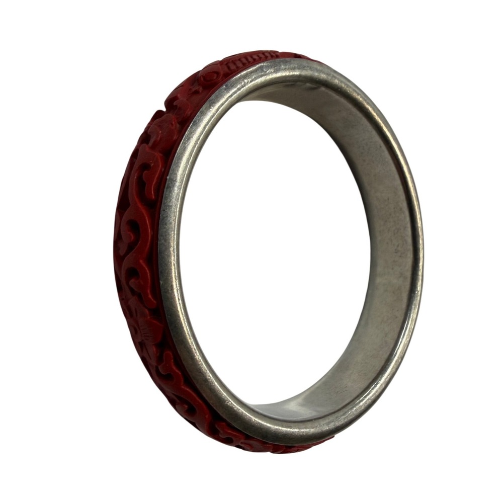 Share BJ Cinnabar Sterling Silver Bangle Bracelet Carved Red Tea Floral 925